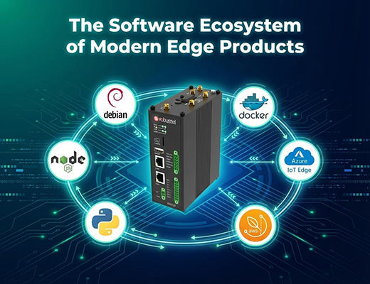 An infographic showing the rich software ecosystem supported by modern edge products, including Debian, Docker, Python, and cloud agents.