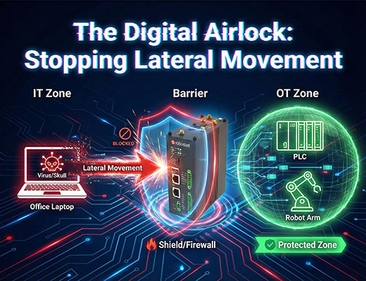 A diagram showing how a firewall-enabled edge product acts as a digital airlock, stopping ransomware from moving laterally from IT to OT networks.