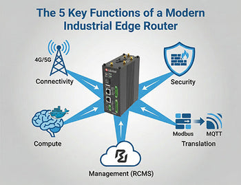 An infographic showing the 5 key functions of an industrial edge router: Connectivity (5G), Security (VPN), Translation (Modbus), Compute (Docker), and Management (RCMS).