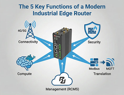 An infographic showing the 5 key functions of an industrial edge router: Connectivity (5G), Security (VPN), Translation (Modbus), Compute (Docker), and Management (RCMS).