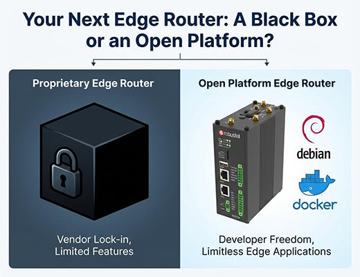A comparison of a closed, proprietary edge router (a black box) versus an open, Docker-enabled edge router (an open platform).