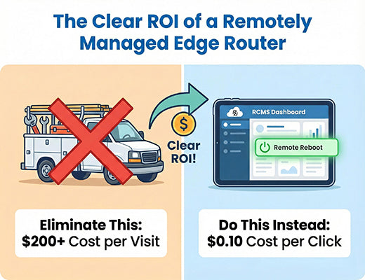 A TCO graphic showing how an RCMS-managed edge router for kiosks saves money by replacing expensive 