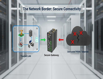 A diagram showing the role of an edge router, acting as a secure border guard between the trusted internal LAN and the untrusted external WAN/Internet.