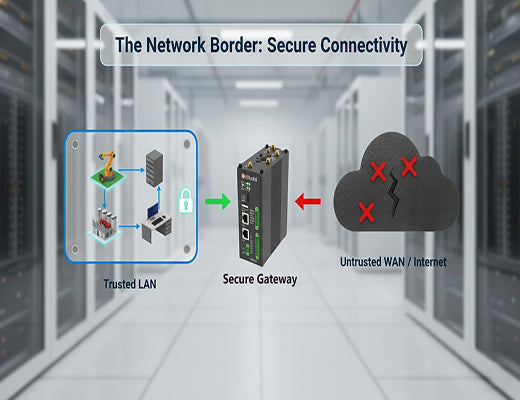 A diagram showing the role of an edge router, acting as a secure border guard between the trusted internal LAN and the untrusted external WAN/Internet.