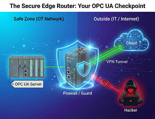 Security diagram showing a secure edge router acting as a firewall, protecting a PLC's OPC UA port and creating a secure VPN to the cloud.