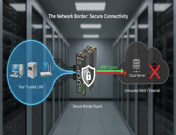 A diagram showing the role of an edge router, acting as a secure border guard with a firewall and VPN between the trusted LAN and the untrusted WAN/Internet.