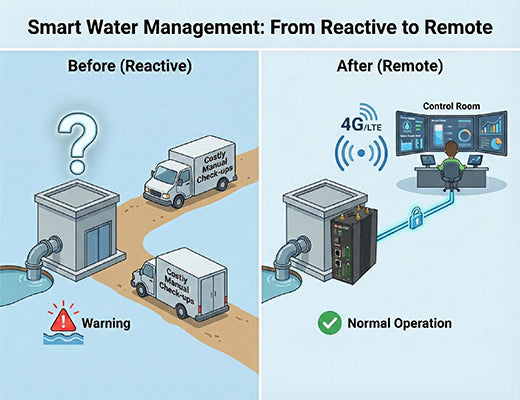 A diagram showing how an edge router transforms smart water management from costly manual check-ups to efficient remote pump monitoring.