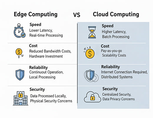 An infographic comparing the key differences between edge and cloud computing for IoT, highlighting speed, cost, reliability, and security.