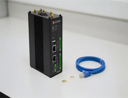 The Robustel EG5120 gateway with two SIM cards and an Ethernet cable, ready for cellular configuration.