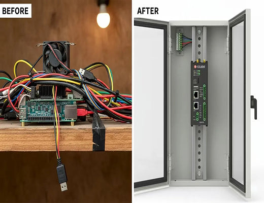 A comparison of a messy Raspberry Pi smart home hub versus a clean, professionally installed Robustel EG5120 industrial edge gateway for home automation.