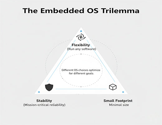 An infographic of the embedded OS trilemma, showing the trade-offs between flexibility, stability, and small footprint when choosing an OS for the edge.
