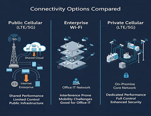 Comparison of public cellular (lte vs 5g), enterprise Wi-Fi, and private cellular networks based on performance, control, and security for enterprise needs.