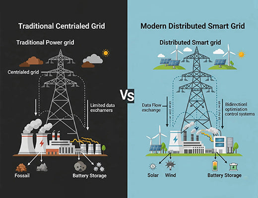 A modern infographic clearly differentiating a traditional centralized power grid from a modern distributed smart grid, highlighting their contrasting architectures, energy sources (e.g., fossil fuels vs. solar, wind, battery storage), and data flow, with