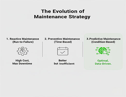 An infographic showing the evolution from reactive and preventive maintenance to the more efficient, data-driven model of predictive maintenance.