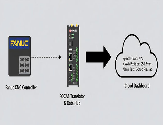 A diagram showing the concept of using a Robustel edge gateway to collect data from a Fanuc CNC router via the FOCAS protocol for cloud monitoring.