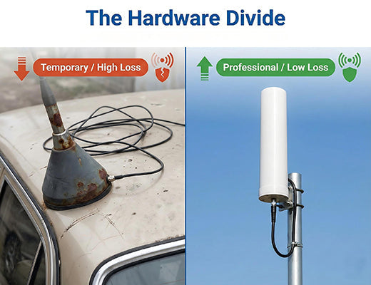 A visual comparison showing a rusty temporary magnetic antenna versus a durable professional fiberglass antenna for LoRaWAN gateways.