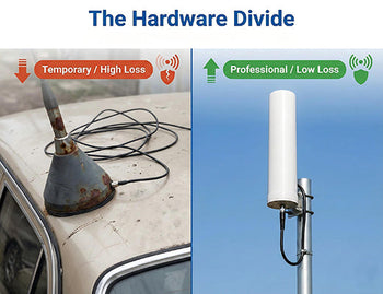 A visual comparison showing a rusty temporary magnetic antenna versus a durable professional fiberglass antenna for LoRaWAN gateways.