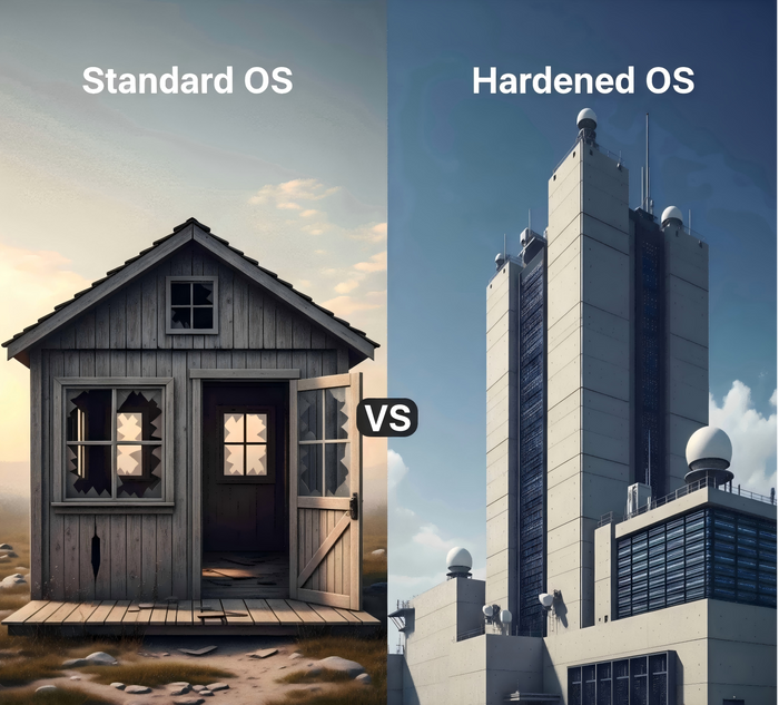 Infographic comparing a standard operating system (represented by a simple house) with a hardened operating system (represented by a secure, reinforced fortress).