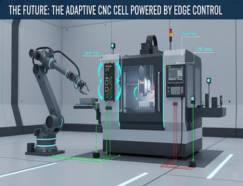 An illustration of a future smart CNC router cell, showcasing full automation and adaptation enabled by an integrated edge control system.