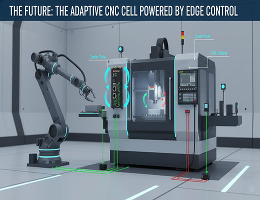 An illustration of a future smart CNC router cell, showcasing full automation and adaptation enabled by an integrated edge control system.