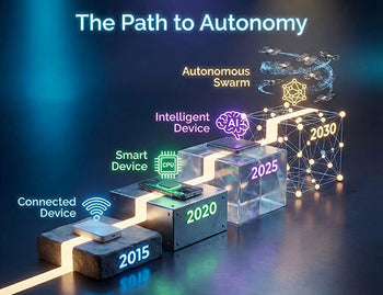 A visual timeline showing the evolution of edge devices from simple connected sensors to autonomous AI swarms between 2015 and 2030.