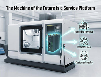An illustration of an industrial machine equipped with an IoT gateway, highlighting the benefits of recurring revenue and remote fixes.