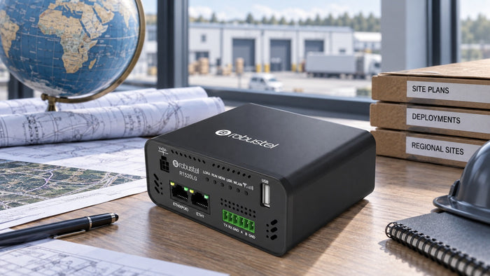 Robustel R1520LG on a planning desk with a globe, site maps and deployment folders.