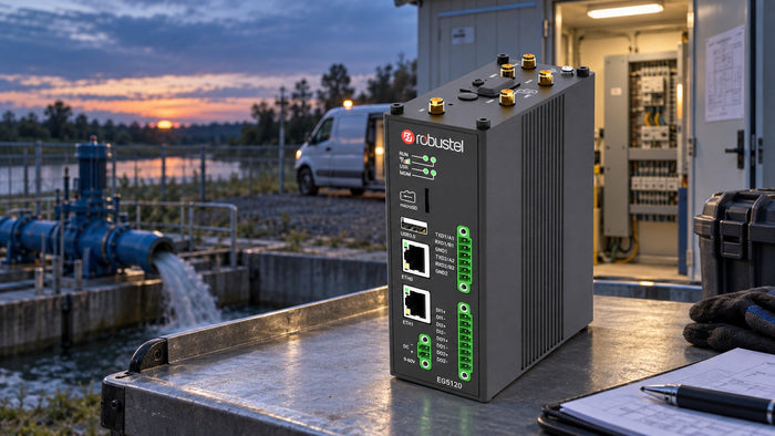 Robustel EG5120 on a temporary service trolley beside a remote pumping station at dusk.