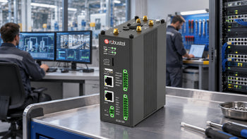 Robustel EG5120 on a workbench in a factory network operations area.