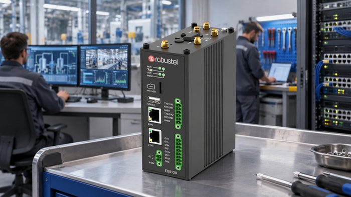 Robustel EG5120 on a workbench in a factory network operations area.