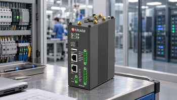 Robustel EG5120 on a commissioning bench between a control cabinet and network racks.