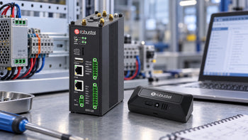 Robustel EG5120 and S6000U sensor beside control-cabinet terminals and a laptop on an integration bench.