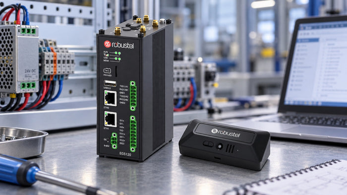 Robustel EG5120 and S6000U sensor beside control-cabinet terminals and a laptop on an integration bench.
