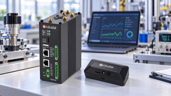Robustel EG5120 and S6000U sensor on an IIoT test bench with industrial instruments and a data dashboard.