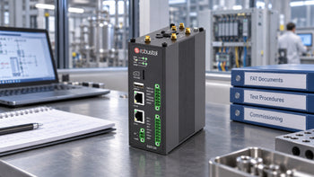 Robustel EG5120 beside a laptop and factory acceptance test documents.