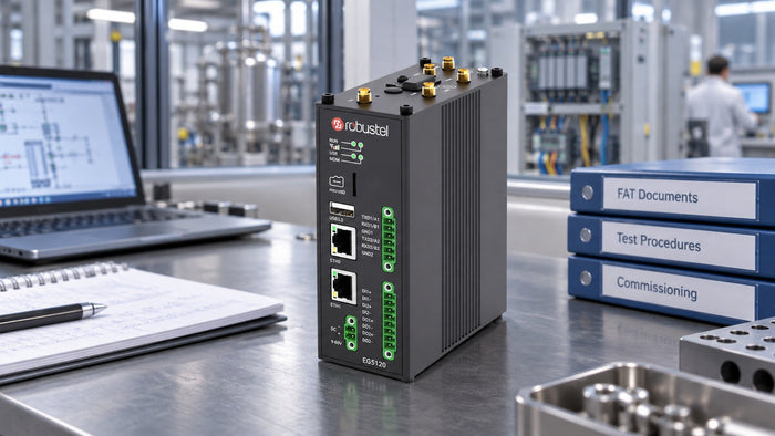 Robustel EG5120 beside a laptop and factory acceptance test documents.
