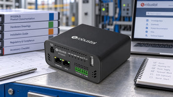 Robustel R1520LG beside product documentation folders and hardware drawings.