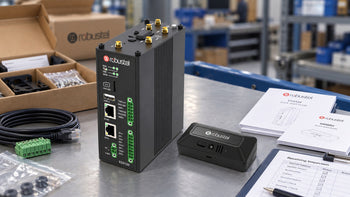 Robustel EG5120 and S6000U sensor beside equipment packaging, connection accessories and product documentation.