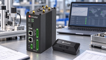 Robustel EG5120 and S6000U sensor on a test bench with industrial instruments and a laptop displaying sensor data.