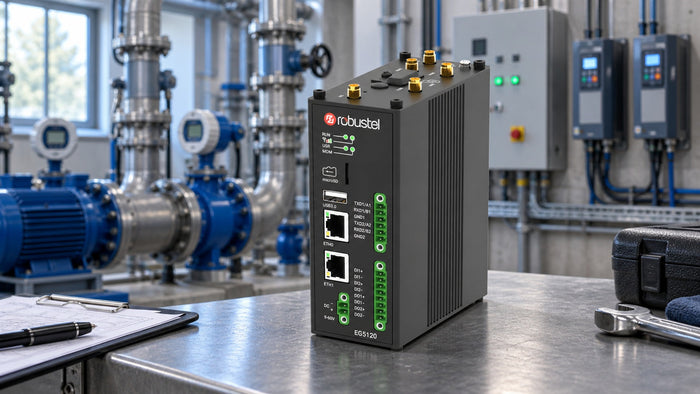Robustel EG5120 on a service bench beside industrial pumps and field instruments.