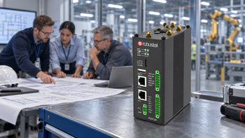 Robustel EG5120 beside an engineering team reviewing industrial architecture drawings.