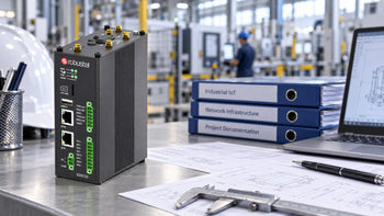 Robustel EG5120 on an engineering bench with procurement documents and drawings.