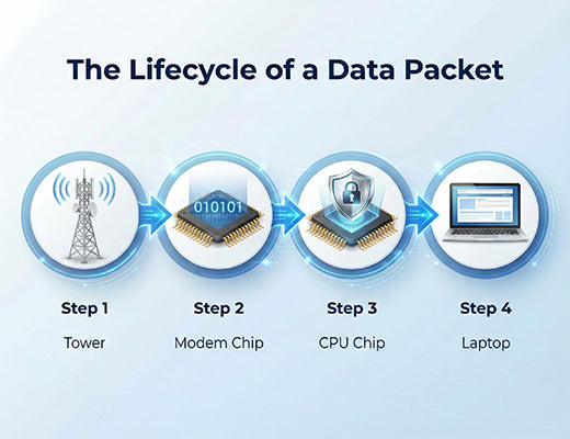 A flowchart illustrating the four stages of a 5G connection: Signal Reception, Modem Demodulation, CPU Processing, and Local Distribution.