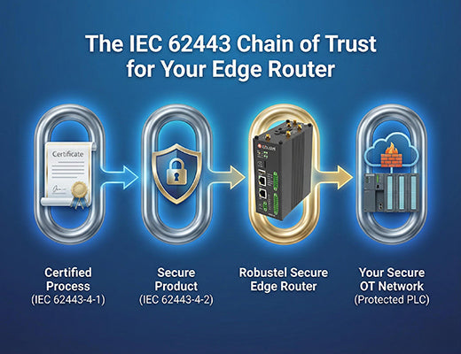 A diagram showing how the IEC 62443 standard creates a chain of trust from the development process to the final secure edge router protecting an OT network.
