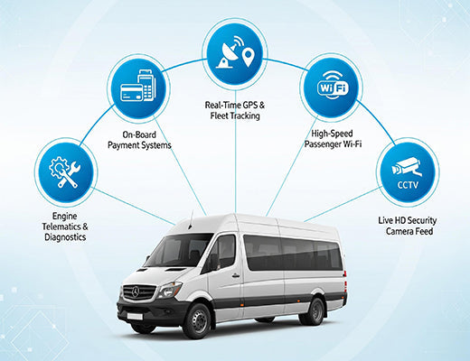 An overview of in-vehicle connectivity applications enabled by an industrial router, including GPS tracking, passenger Wi-Fi, and telematics.