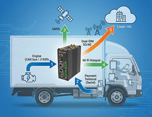 A diagram showing an in-vehicle edge router acting as a data hub, connecting to CAN bus, serial, GPS, Wi-Fi, and a 5G/4G cellular network.