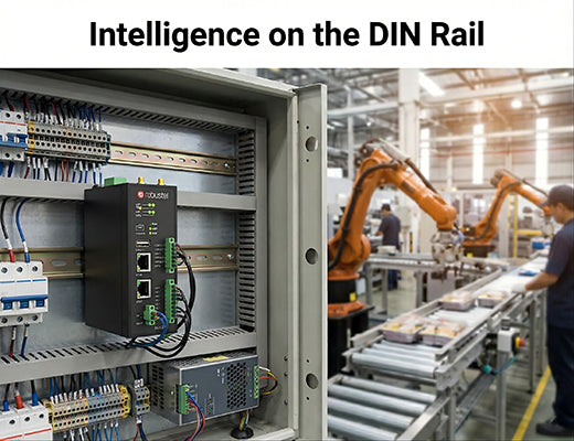 A close-up illustration of a rugged industrial edge device mounted on a DIN rail inside a factory control cabinet, acting as the brain of the machine.