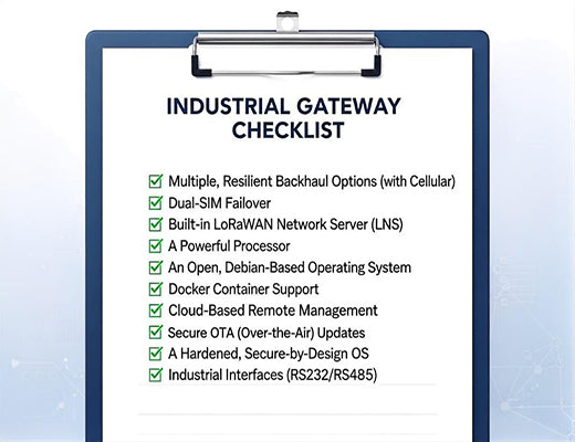 A buyer's checklist infographic highlighting the essential Industrial LoRaWAN Gateway features.