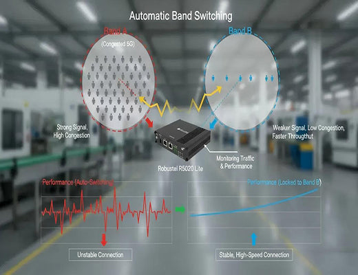 A diagram showing how an industrial 5G router's performance can become unstable by automatically switching between different network bands.