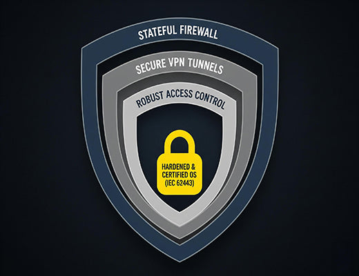 An infographic showing the layers of cybersecurity defense in an industrial router, including the firewall, VPNs, access control, and a certified OS.